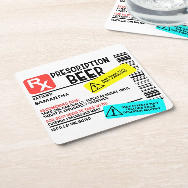 Funny Prescription Beer Warning Label Personalizd Square Paper Coaster (Angled)