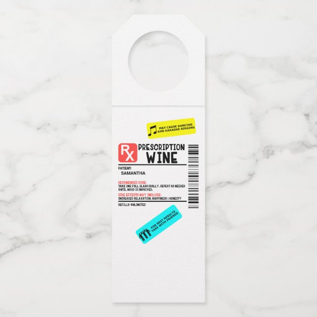 Funny Prescription Wine Warning Label Personalised Bottle Tag (Front)