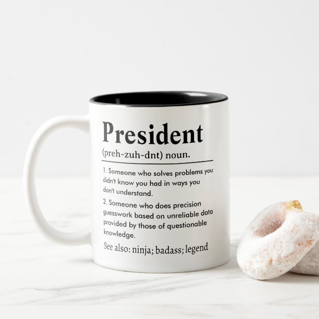 Funny President Definition Two-Tone Coffee Mug (With Donut)