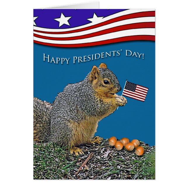 Funny Presidents' Day, Squirrel With Flag and Nuts (Front)