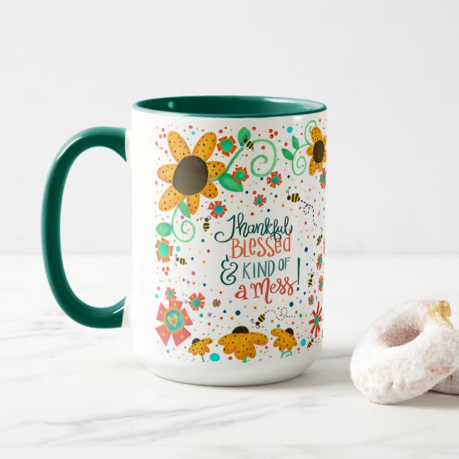 Funny Pretty Floral Thankful Blessed a Mess Quote Mug (With Donut)