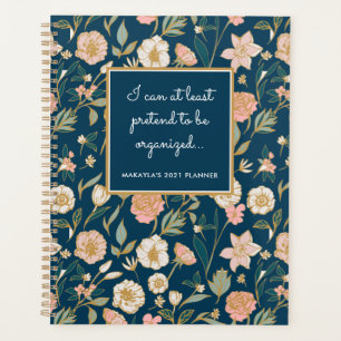 Funny Pretty Gold Floral Pattern Name Navy Planner