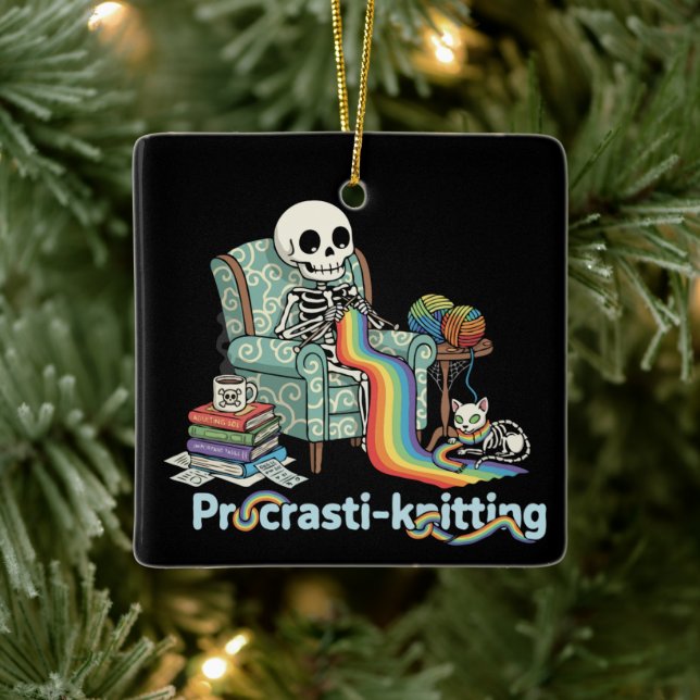  Funny Procrasti-knitting Skeleton and Cat with  Ceramic Ornament (Tree)