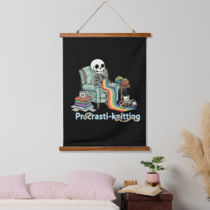 Funny Procrasti-knitting Skeleton and Cat with Hanging Tapestry