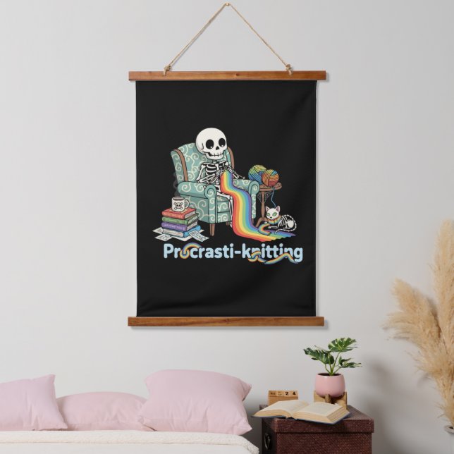  Funny Procrasti-knitting Skeleton and Cat with  Hanging Tapestry (Bedroom)