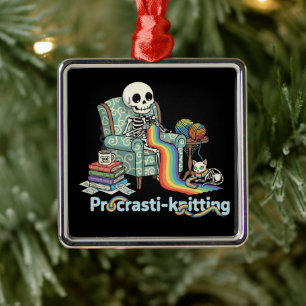 Funny Procrasti-knitting Skeleton and Cat with Metal Ornament