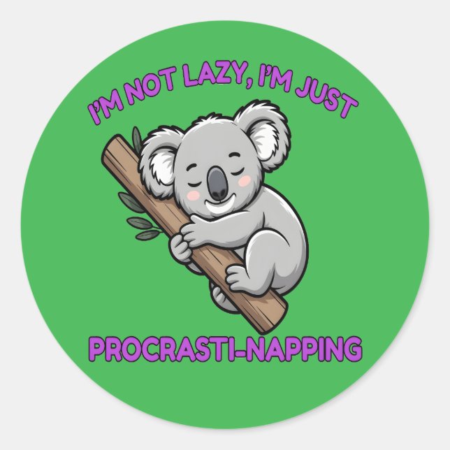 Funny Procrastinating Koala Cartoon Classic Round Sticker (Front)