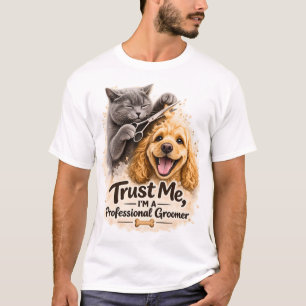 Funny Professional Pet Groomer Cat and Dog Illustr T-Shirt