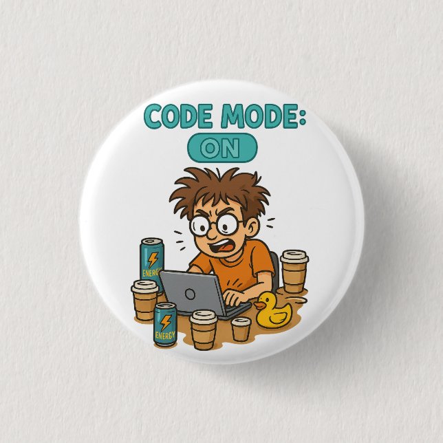 Funny Programmer Cartoon with "Code Mode: ON"  3 Cm Round Badge (Front)