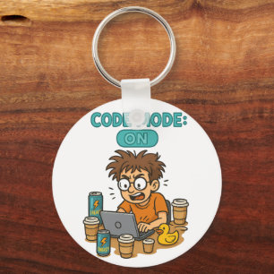 Funny Programmer Cartoon with "Code Mode: ON"  Key Ring