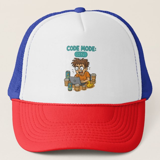 Funny Programmer Cartoon with "Code Mode: ON"  Trucker Hat (Front)