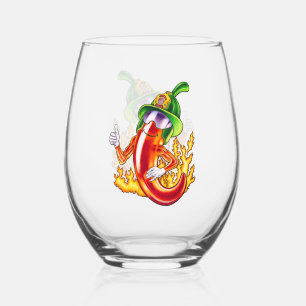 Funny Proud Firefighter Chilli On Fire Gives Thumb Stemless Wine Glass