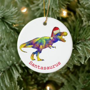 Funny Psychedelic Tyrannosaurus Rex Santa Dinosaur Ceramic Ornament