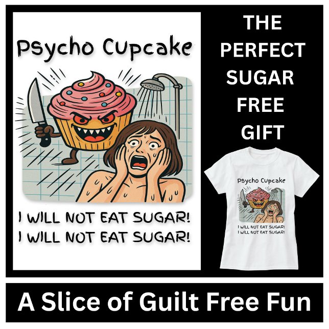 Funny Psycho Cupcake Low Carb Keto White Text  T-Shirt (Equal parts creepy and sweet—guilt free fun for horror fans and keto lovers alike!)
