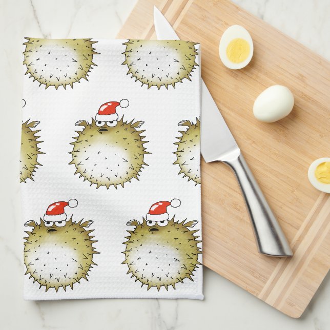 Funny Puffer Fish Christmas Tea Towel (Quarter Fold)