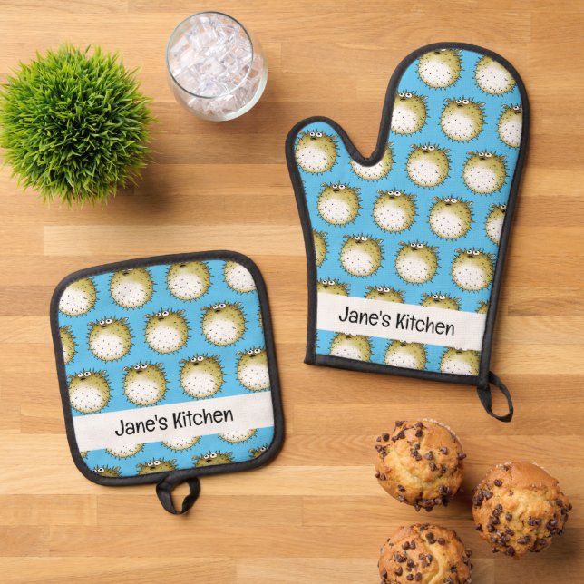 funny puffer fish (name) oven mitt & pot holder set (Top Down)