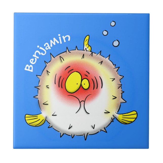 Funny puffer fish porcupine fish cartoon ceramic tile (Front)