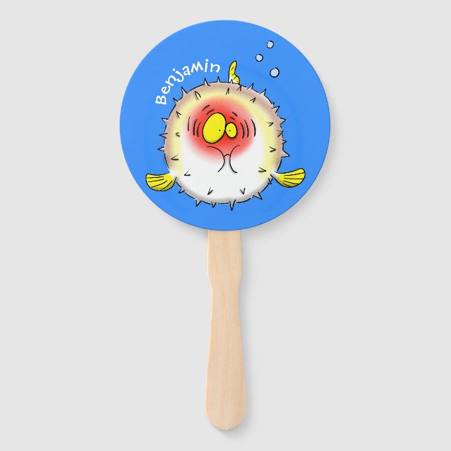Funny puffer fish porcupine fish cartoon hand fan (Front)