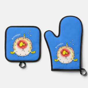 Funny puffer fish porcupine fish cartoon oven mitt & pot holder set