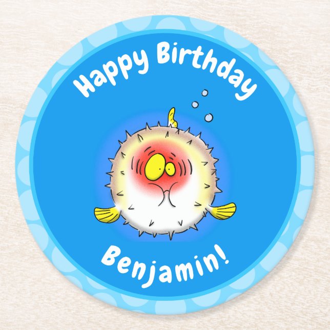 Funny puffer fish porcupine fish cartoon round paper coaster (Front)