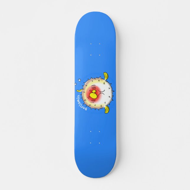 Funny puffer fish porcupine fish cartoon skateboard (Front)