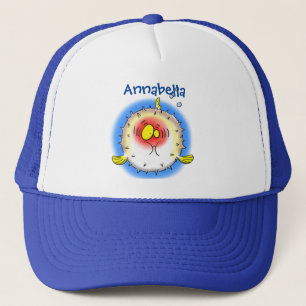Funny puffer fish porcupine fish cartoon trucker hat