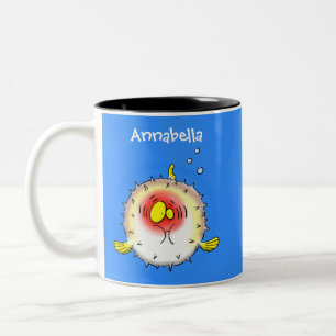 Funny puffer fish porcupine fish cartoon Two-Tone coffee mug