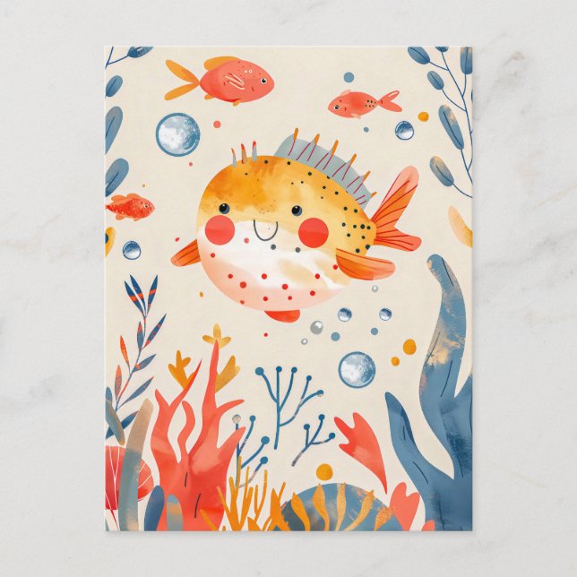Funny Pufferfish near Vibrant Reef Postcard (Front)