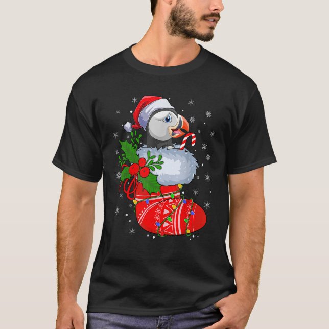 Funny Puffin Bird In Christmas Socks Santa Lights  T-Shirt (Front)