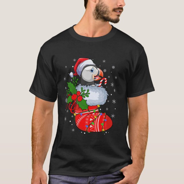 Funny Puffin Bird In Christmas Socks Santa Lights  T-Shirt (Front)