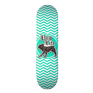 Funny Pug; Aqua Chevron Skateboard