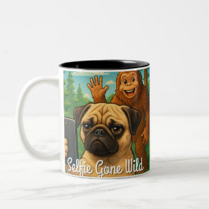 Funny Pug Bigfoot Photobomb – Selfie Gone Wild Two-Tone Coffee Mug