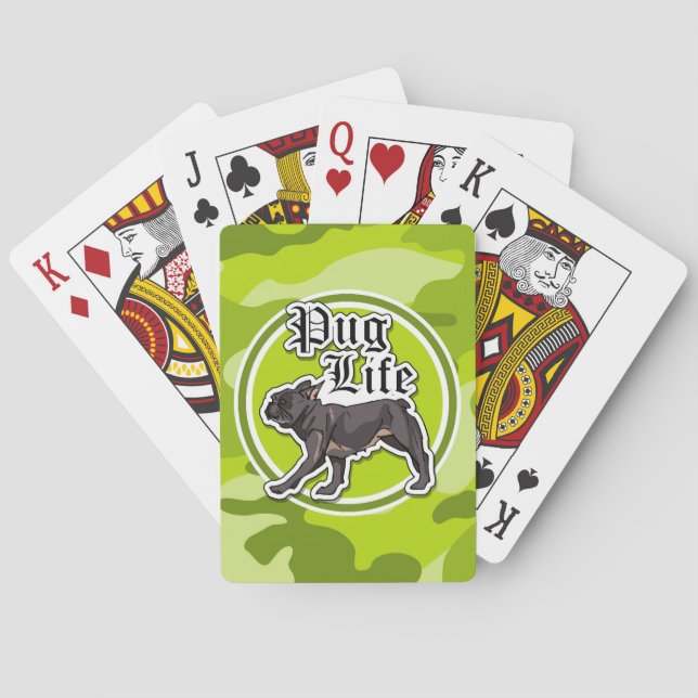 Funny Pug; bright green camo, camouflage Playing Cards (Back)