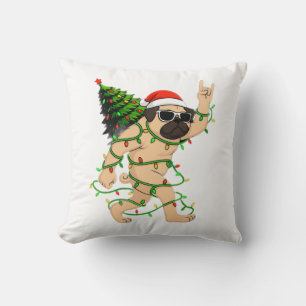 Funny Pug Christmas Lights Tree – Cute Xmas Cushion