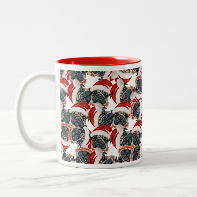 Funny Pug Christmas Pattern Two-Tone Coffee Mug (Left)