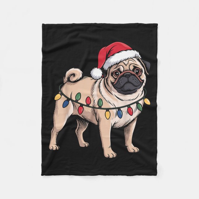 Funny Pug Christmas Santa Hat Xmas Lights  Fleece Blanket (Front)