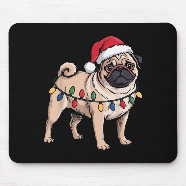 Funny Pug Christmas Santa Hat Xmas Lights  Mouse Pad (Front)