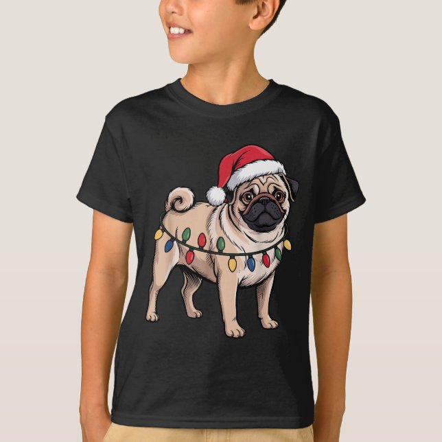 Funny Pug Christmas Santa Hat Xmas Lights  T-Shirt (Front)