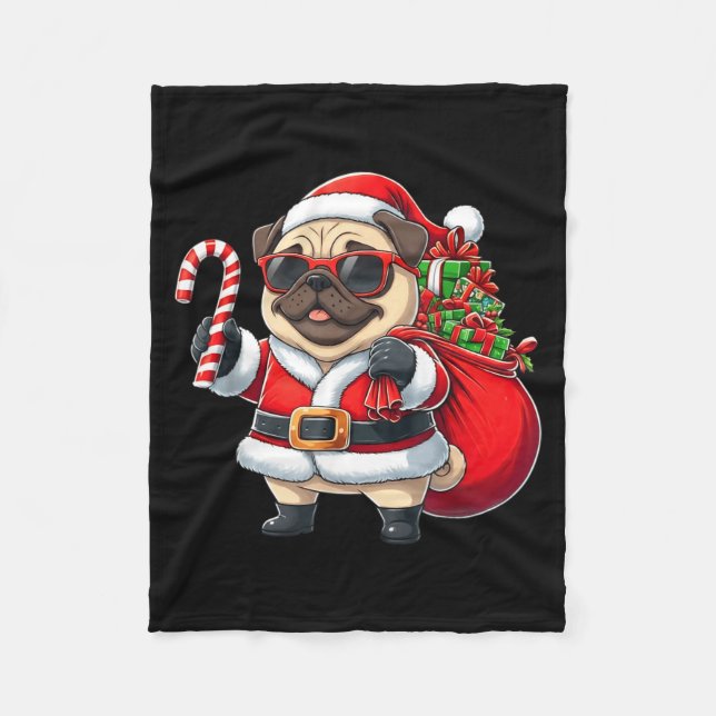 Funny Pug Christmas Santa Outfit Xmas Mom Dad Kids Fleece Blanket (Front)