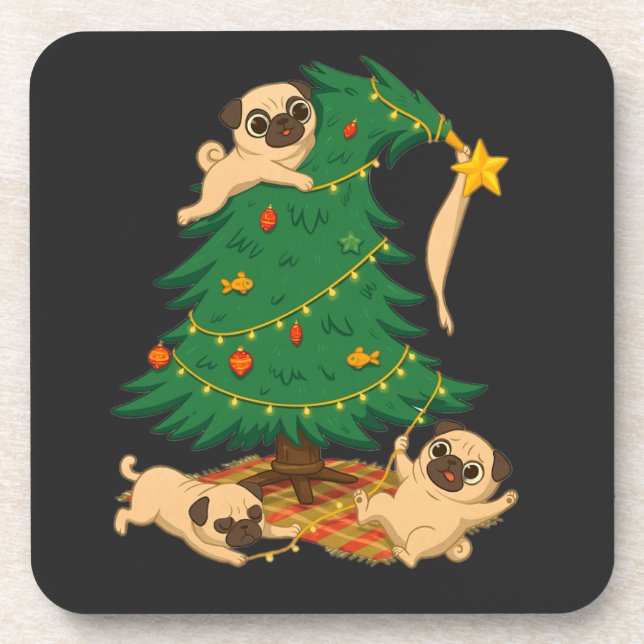 Funny Pug Christmas Tree Chaos Gift Coaster (Front)