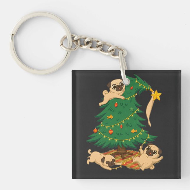 Funny Pug Christmas Tree Chaos Gift Key Ring (Front)