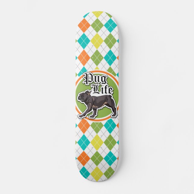 Funny Pug; Colourful Argyle Pattern Skateboard (Front)