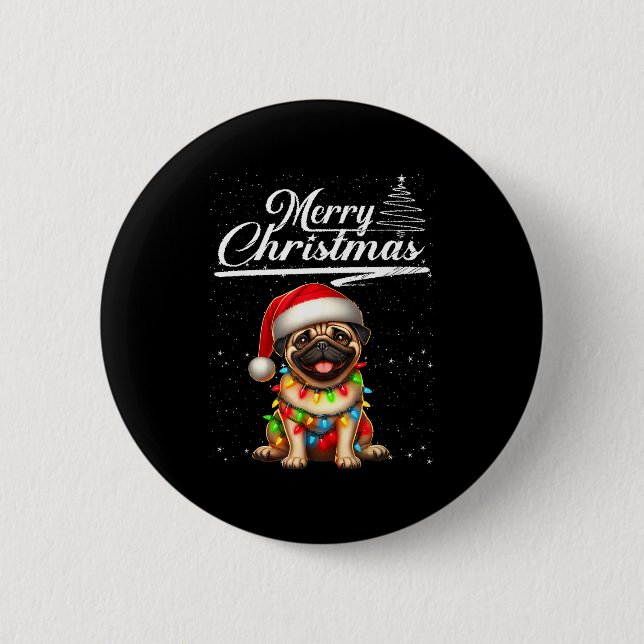 Funny Pug Dog Christmas Lights Santa Hat Candy Can 6 Cm Round Badge (Front)