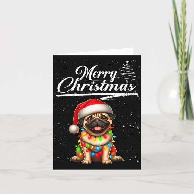 Funny Pug Dog Christmas Lights Santa Hat Candy Can Card (Front)