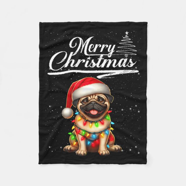 Funny Pug Dog Christmas Lights Santa Hat Candy Can Fleece Blanket (Front)
