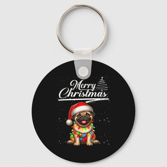 Funny Pug Dog Christmas Lights Santa Hat Candy Can Key Ring (Front)