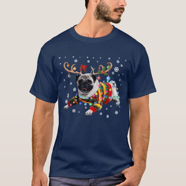 Funny Pug Dog Christmas Rein Christmas Lights girl T-Shirt (Front)