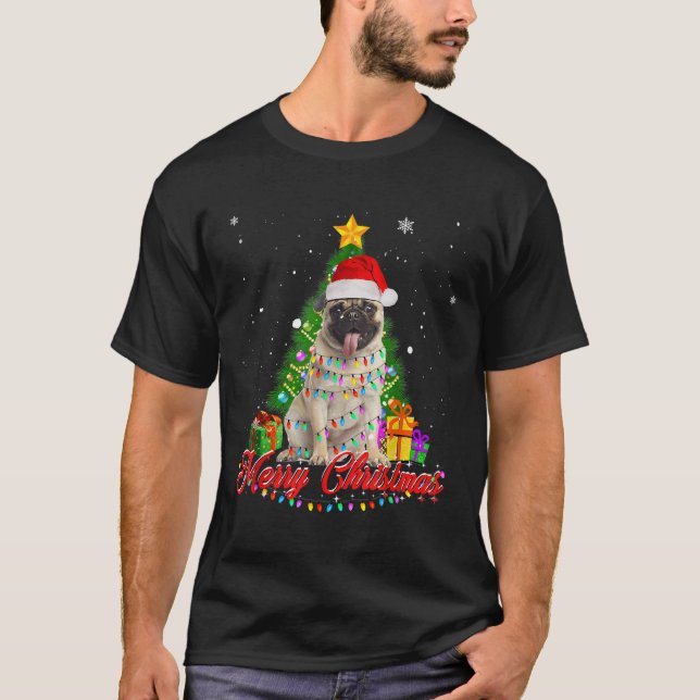 Funny Pug Dog Christmas Tee Santa Christmas Lights (Front)