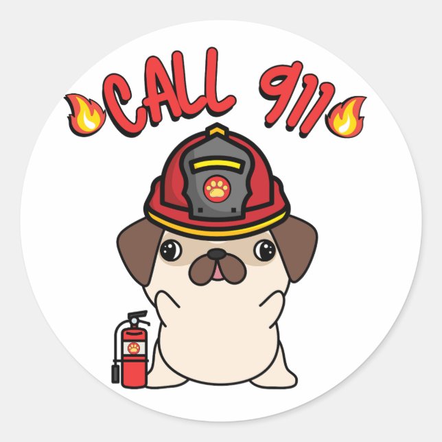 Funny Pug dog is a firefighter  Classic Round Sticker (Front)