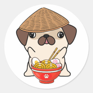 Funny pug dog is eating noodles classic round sticker